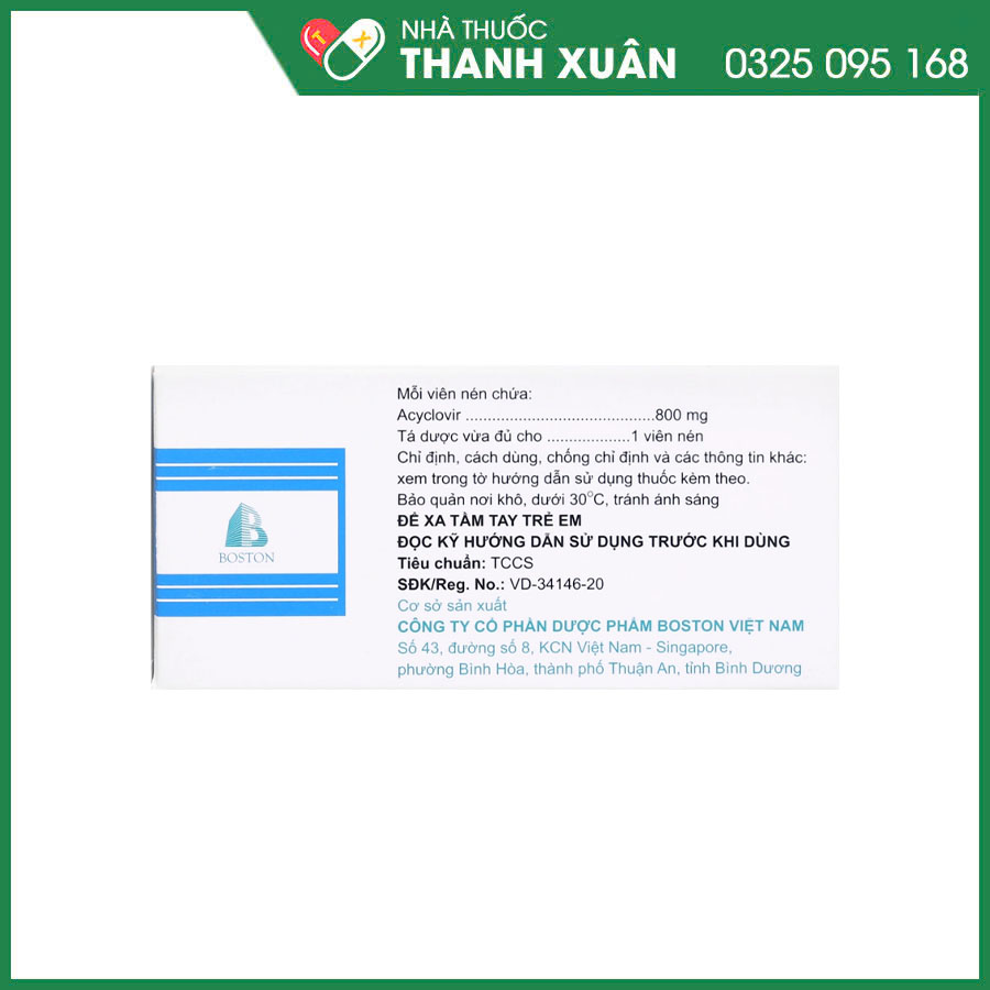 Acyclovir Boston 800 thuốc điều trị và dự phòng tái nhiễm Herpes simplex, điều trị bệnh zona, thủy đậu